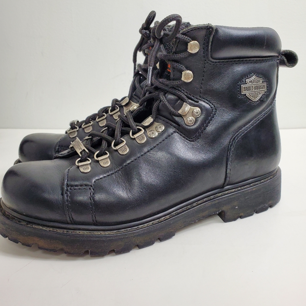 Harley Davidson Classic Black Leather Metal Logo Lace Up Motorcycle Boots - Picture 4 of 9